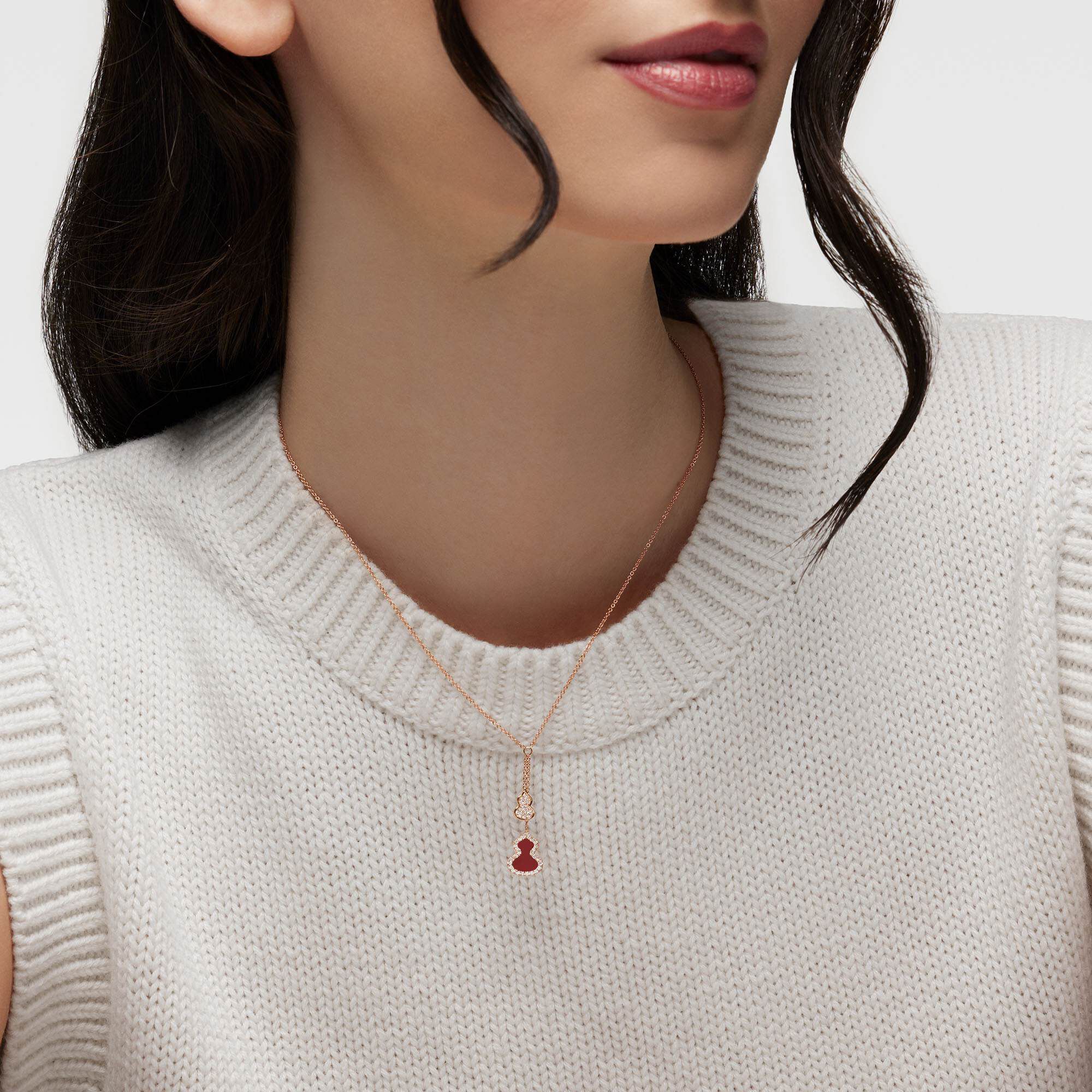 Wulu Petite Rose Gold Red Agate and Diamond Pave Drouble Drop Necklace Qeelin